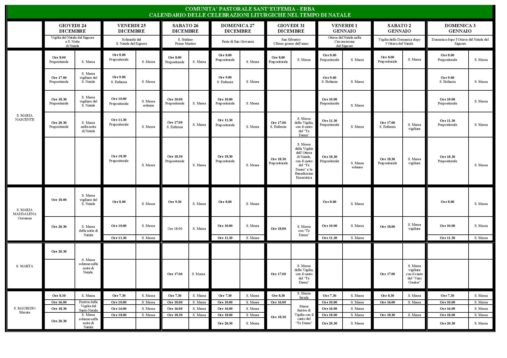 calendario celebrazioni tempo Natale